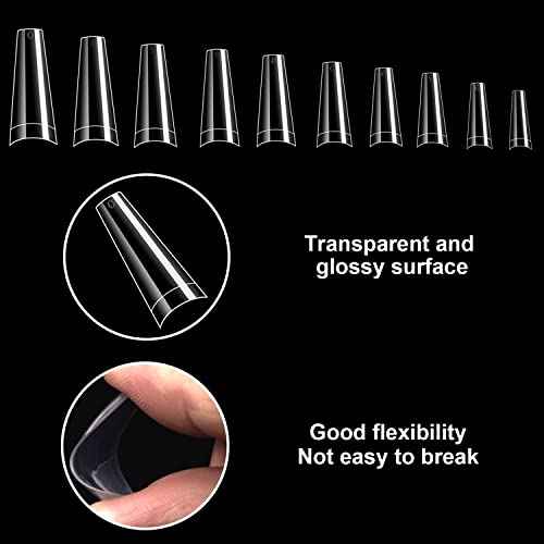 FEBSNOW 1000 PCS French Coffin Ballerina Nail Tips Acrylic Nails Artificial Half False Flake Nail Tips 10 Sizes with Boxes Clear Plastic Cases for Nail Salon Shop DIY Nail Art Ballerina Nails (Clear)