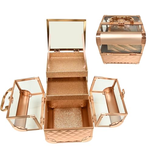 VETALLO Travel Makeup Case Organizer, Protable Cosmetic Case Storage with 2 Trays Mirror,Makeup Train Case Organizer,Make Up Box,Makeup Train Case for Nail Jewellery Vanity Storage Case