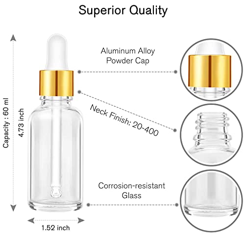 PrettyCare Glass Eye Dropper Bottle 2oz (60ml), 24 Pcs Clear Empty Thick Bottles Bulk with Leakproof Golden Caps - With Labels & Funnels for for Storage, Travel,Essential Oils, DIY Serums, Tincture