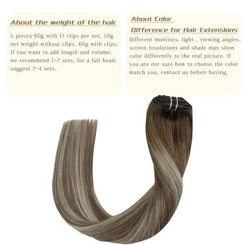 Balayage Human Hair Clip in Extensions Ombre Walnut Brown to Ash Brown Mix Light Blonde 18 Inch Straight Natural Remy Clip on Hair Extensions Invisible Double Weft Clip ins Hair for Women 60G 5 PCS