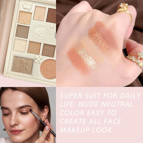 K'APEINE Nude Eyeshadow Palette, Embossed 12Colors Eyeshadow Palette with Blush, Contour, Highlighter All In One Disc Makeup Kit Matte&Glitter Eyeshadows Multi-Use Eye Shades Palette for Natural Look