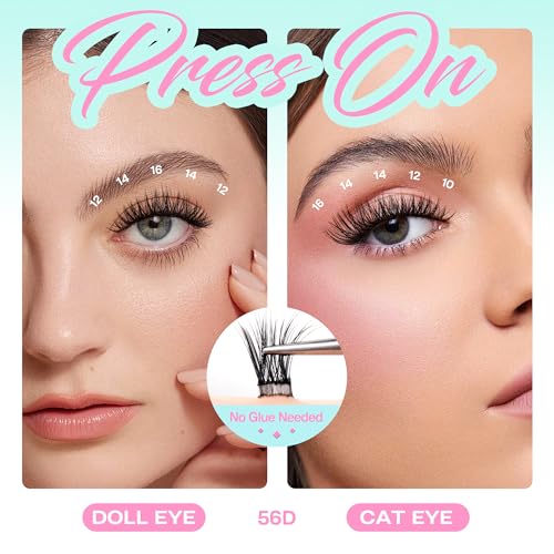 CALAILIS Self Adhesive Eyelashes 120Pcs D Curl Press on DIY CLuster lashes No Glue Needed Wispy Lash Clusters Pre Glued Reusable Glueless Eyelash Clusters Kit with Tweezers for Beginners (56D)