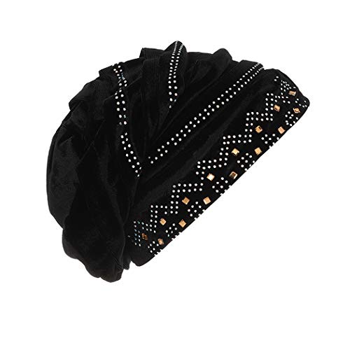 Bohend Vintage Rhinestone Turban Sleep Headwrap Wide Sparkly Sleep Turban Headband Crystal Muslim Hat Headwear Beanie Pre-Tied Bonnet Velvet Hat Cap Hair Wrap for Women and Girls (Black)