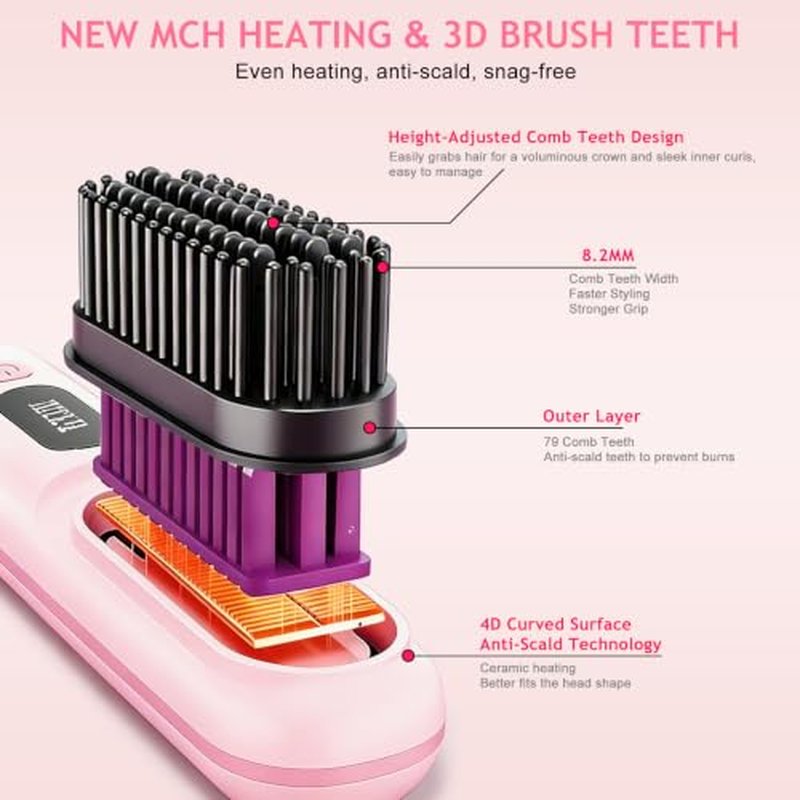 GHSLZE Go Brush Pro Cordless Hair Straightener Brush - 79 Teeth, Fast Heat, 40 Min Runtime