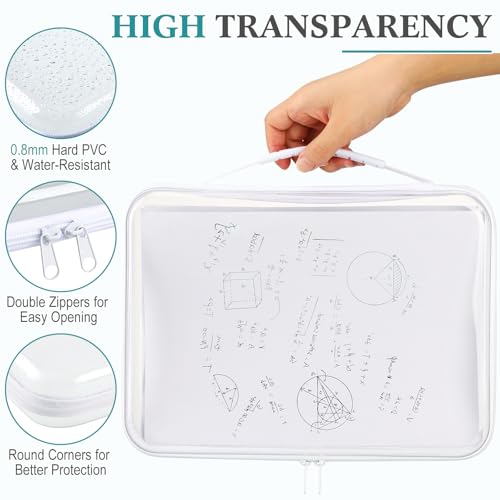 Sanwuta 4 Pcs Clear Hard Zipper Case with Handle Office Storage Cases Hard Plastic Pouches Transparent Bins for Crafts, Snacks, Cosmetics, Puzzles(12.6 x 9 x 2 Inches,White)