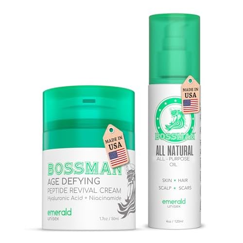 Bossman Unisex Night Skincare Combo ? Peptide Revival Crea 1.7 oz + Moisturizing Body Oil 4 oz ? Emerald (Green Tea) ? Moisturizing and Reviving Solutions - Made in the USA
