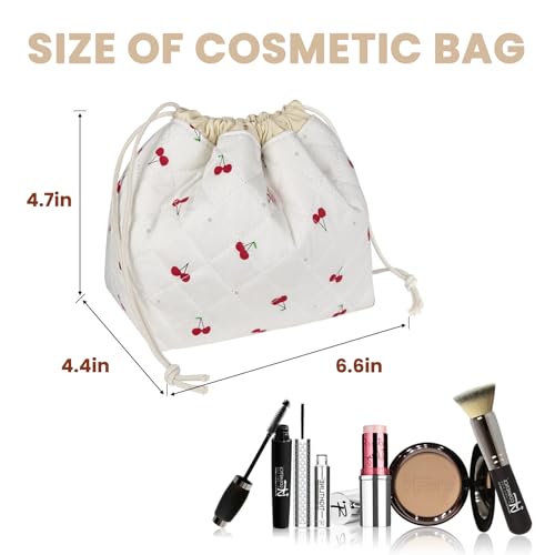 Large Makeup Bag, Cute Drawstring Cosmetic Bag with Canvas Lining, Floral Coquette Aesthetic Toiletry Bag, Travel Make Up Organizer Bag for Women and Girl (Red Cherry)