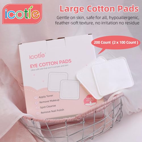 100% Cotton Square Makeup Remover Pads - Soft Lint-Free Facial Pads (200-Pack)