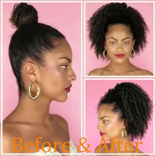 VADES Curly Drawstring Ponytail Human Hair Extension Kinky Curly Hair Ponytail 100% Human Hair Fake Ponytail Clip in Ponytail Wig#1 Jet Black 10 inch With 3 Stable Combs