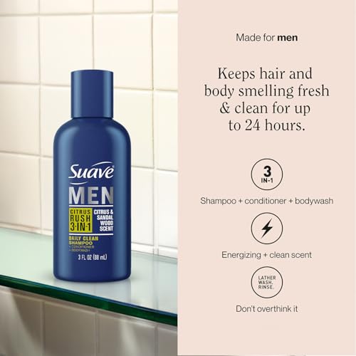 Suave Men's 3-in-1 Shampoo, Conditioner & Body Wash, 6-Pack Travel Size