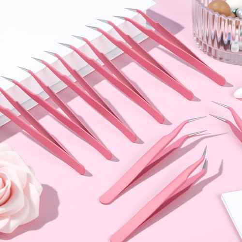 Honoson 9 Pieces Curved Pointed Craft Tweezers Stainless Steel Precision Tweezer with Protective Cover for Rhinestones Dried Flowers Craft Stickers Eyelash Extension Jewelry Making(Pink)