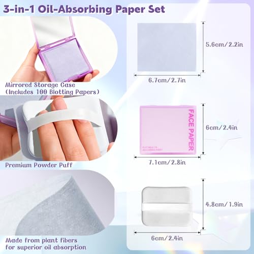 Oil Blotting Papers for Face with Mirror & Puff - 100 Sheets Shine Control
