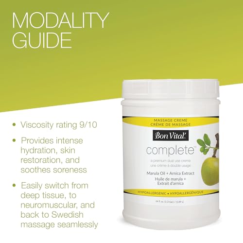 Bon Vital Complete Massage Creme, 1/2-Gallon, Unscented Non-Greasy Cream with Marula, Olive & Jojoba Oils, Hypoallergenic Moisturizer for Professional & Home Use, Premium Dual-Purpose, Massage Therapy