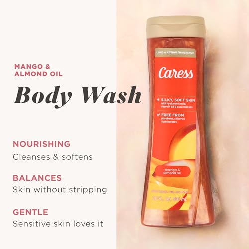 Caress Mango & Almond Oil Body Wash, Hyaluronic Acid & Vitamin B3 for Moisturized, Silky Soft Skin, Long-Lasting Tropical Fragrance, 20 fl oz (4 Pack)