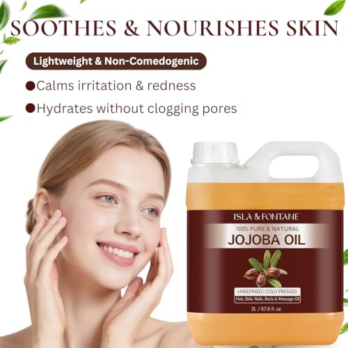 ISLA & FONTANE Jojoba Oil Set ? 67.6 Fl Oz (2L) | 100% Pure & Natural | Golden, Unrefined, Cold Pressed | 2 Dropper Bottles & Massager | Hexane-Free Carrier Oil for Skin, Hair, Face, Nails & Body