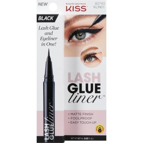 KISS Lash GLUEliner, 2-in-1 Felt-Tip Eyelash Adhesive and Eyeliner, Matte Finish, Foolproof Application, Easy Touch-Up, 0.03 Fl Oz.- Black, Packaging May Vary
