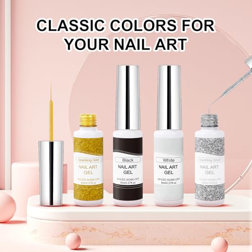 VIVAALI 4-Color Gel Liner Nail Polish Set with Fine Brush for Nail Art