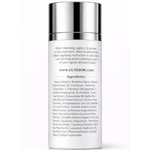 LuxeJoie Luminous Peptide Facial Serum, Hydrating Face Serum with Peptides + Hyaluronic Acid, Lightweight Non Sticky, Smooths the Look of Fine Lines, For All Skin Types, 1 oz