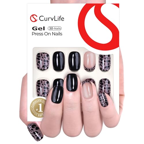 CurvLife Short Square Leopard Print Fake Nails - Black Soft Gel Press-On Manicure
