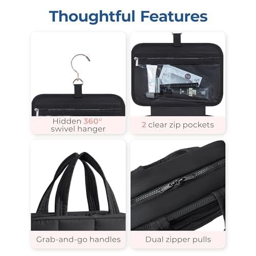 BAGSMART Travel Toiletry Bag with Jewelry Organizer, Hanging Travel Bag for Toiletries, Puffy Makeup Cosmetic Bag Organizer, Carry-on Travel Accessories Essentials, Black-L