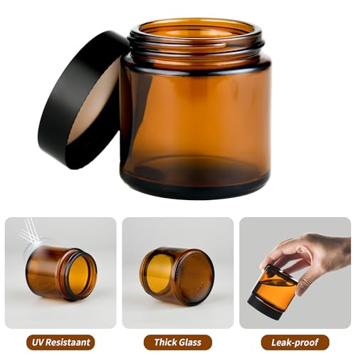 4 oz Reusable Amber Glass Container Jars 24 Pack with Wide-mouth Leak Proof Cap and Inner Pull-On Lid for Travel Storage Makeup, Face Creams, Body Lotions, DIY Crafts or Others