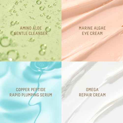 Biossance Plump and Hydrate Skincare Set - Amino Aloe Gentle Foaming Cleanser, Marine Algae Eye Cream, Copper Peptide Rapid Plumping Serum & Omega Moisturizer For Face Lock In Hydration For Your Skin