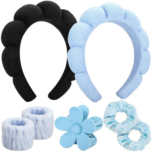 Handlive Spa Makeup Headbands for Washing Face, Set of 2 Skincare Headbands 2 Wristbands 2 Scrunchies and Cute Hair Clips, Bubble Hairband Puffy Makeup Headbands for Women Girls (Black and Green)