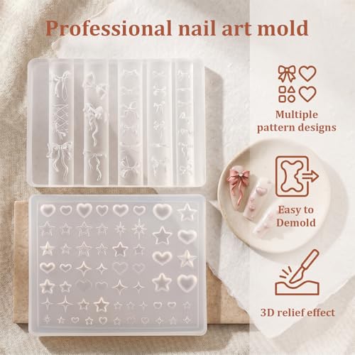 Silicone Nail Art Molds Set - 2pcs Bowknot, Star & Heart Designs