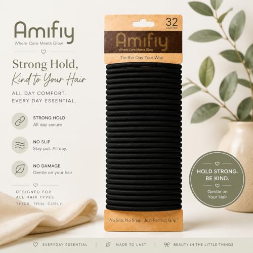 Black Hair Ties No Damage - Organic Ponytail Holders for All Hair Types - 4mm Elastics, 32 Count - Variation: Black