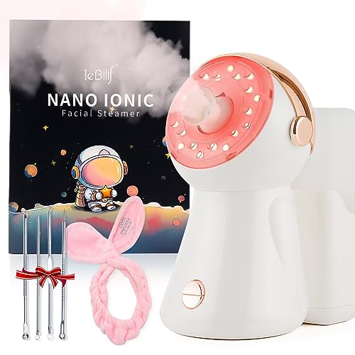 Facial Steamer,with 7 Colors Led Light,Face Steamer for Facial Deep Cleaning,Warm Mist Nano Ionic Steamer for Face Spa Kit,Face Humidifier,Facial Sauna Use at Home, Gift for Women（Rosegold with Light）