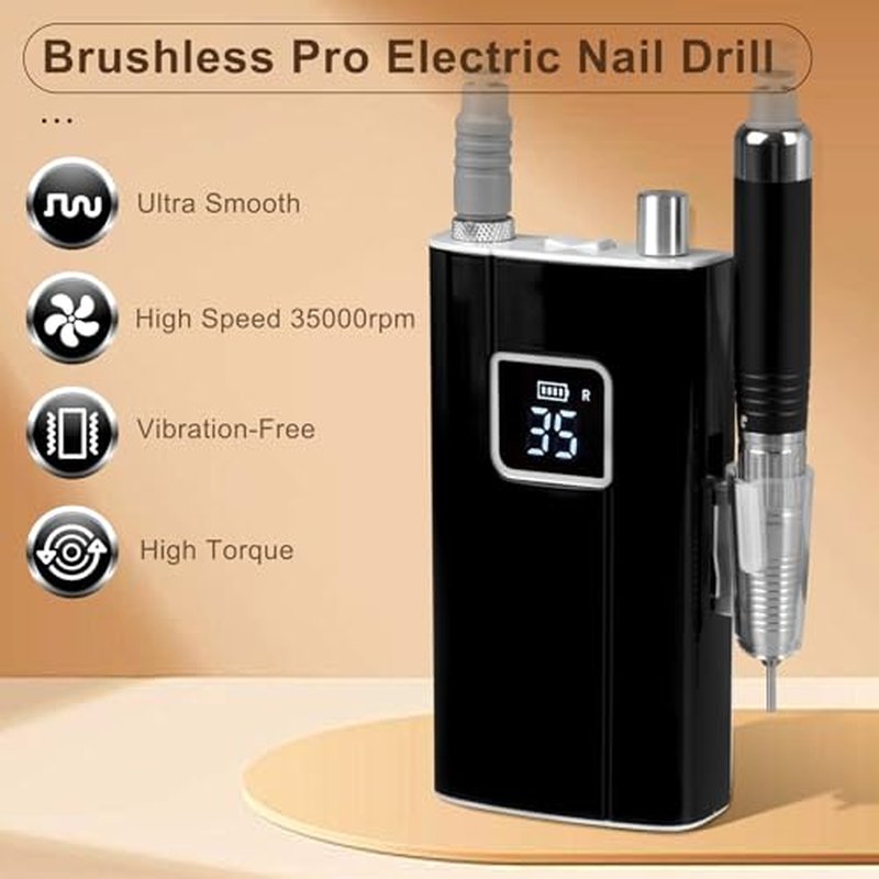 Professional 80W Brushless Nail Drill, 35000RPM Cordless E-File
