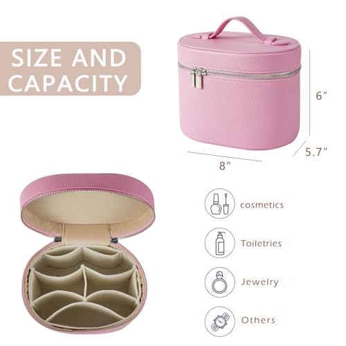 Pink Aesthetic Makeup Bag, Travel Makeup Vanity Case with Divider and Handle, Waterproof PU Leather Cosmetic Organizer Bag, Portable Toiletry Bag for Women(02Pink)
