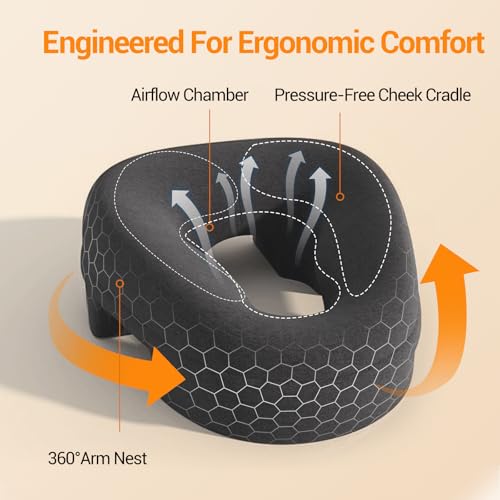 Face Down Pillow Massage Headrest for Bed, massage pillow on massage table, Piercing Pillows, Sleeping Pillow, Face Cradle After Eye Surgery, memory Removable Cover with Breathable Design, Dark Grey