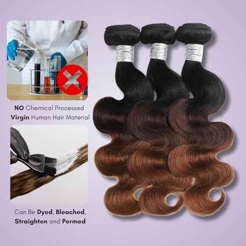 T1B/2/30 Chestnut Brown Ombre Human Hair Bundles Body Wave 22 Inch, 12A Thick Track 100% Virgin Human Hair Bundles Dark Roots Bundle 3 Tone Ombre Medium Auburn Colored Single Bundle Quick Weaves