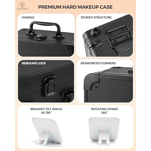 Makeup Box with Detachable Lighted Mirror?Travel Train Case, Cosmetic Storage Organizer & Makeup Suitcase with Adjustable Dividers & Magnetic LED Mirror (Black)