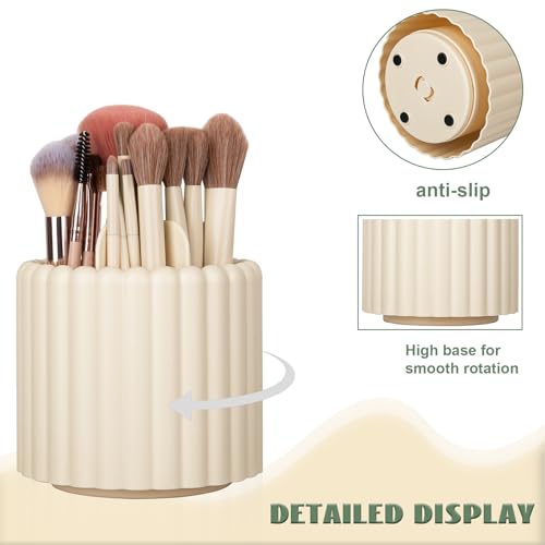 Rotating Makeup Brush Holder Organizer - 7 Slots, Beige
