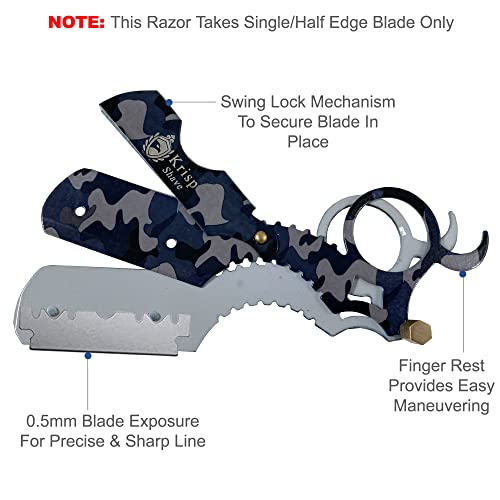 Straight Razor with 10 Shaving Blades Razors for Men - Professional Barber Straight Edge Razor for Close Shaving Cut Throat Shavette Men Beard Shave Manual Blade Holder By Krisp Beauty Blue Camo