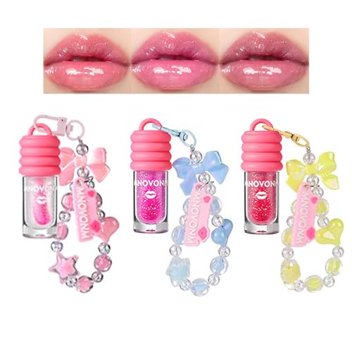 3 Colors Hydrating Lip Oil with Bracelet Keychain, Color Changing Lip Glow Oil Long-Lasting Moisture, Lip Gloss Flavoring Oil With Vitamin E Moisturized Shiny Lips for Girls