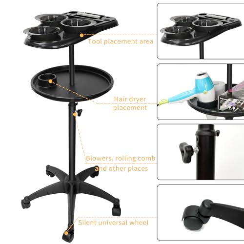 Salon Tray on Wheels, Professional Hair Dyeing Stations with 3 Bowls, Barber Hairstylist and Coloring Rolling Carts, Hairdressers Tools Double Tray for Salon Home Use