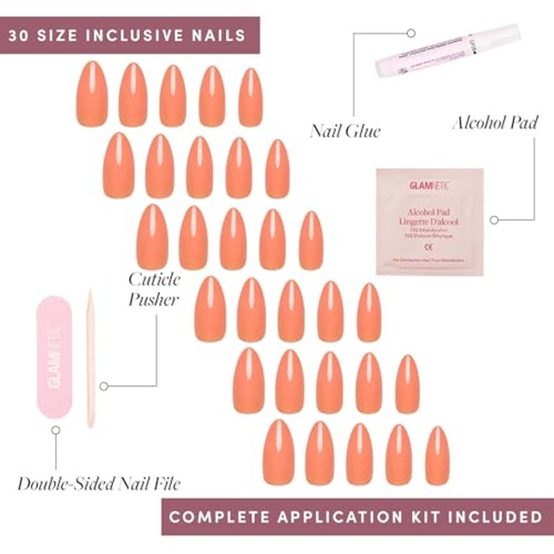 Glamnetic Soft Tangerine Press-On Nails | Medium Almond Shape | 30 Nail Kit