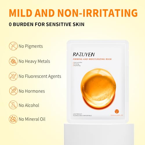 RAZUYEN Firming and Moisturizing Sheet Face Masks with Hyaluronic Acid and Peptides, Reduce Fine Lines and Wrinkles, Hydrating & Anti-Aging Essence Mask, Facial Skin Care (Pack of 10)