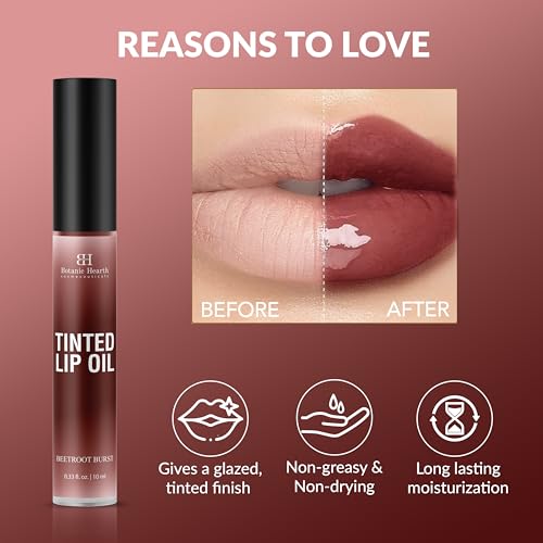 Botanic Hearth Tinted Lip Oil | Moisturizing Lip Gloss Oil For Dry Lips | Deep Red Gloss | Lightweight & Non Greasy | 0.3Fl Oz