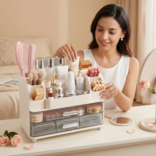 Makeup Organizer with 2 Drawers & 6 Brush Holders | White