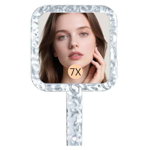 Famihomii Handheld Mirror with 1X/7X Magnification, Dual-Sided Magnification Hand Mirror, Hand Mirror with Handle, 10" x 6.1", Lightweight & Durable, Portable & Hangable for Makeup, Shaving - Clear