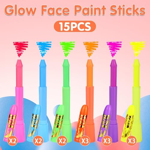 15 Pcs UV Glow Face Paint Sticks for Black Light Parties