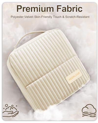 BEENLOVE Beige Standing Makeup Bag with Fold-Down Mirror & Customizable Compartments - Velvet Cosmetic Organizer for Travel & Makeup Storage