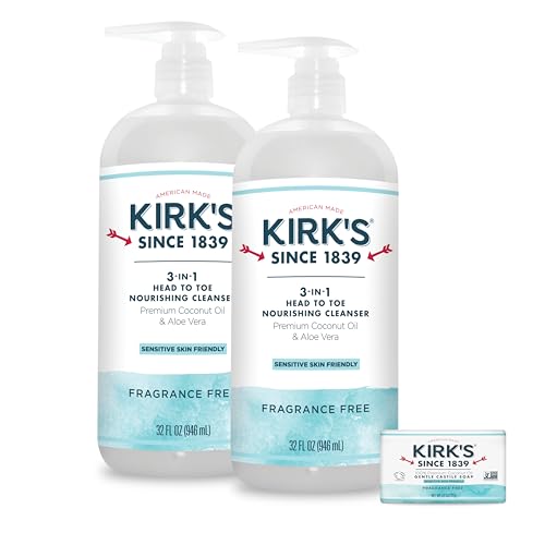 Kirk's 3-in-1 Head to Toe Nourishing Cleanser & Travel Size Bar Soap - for Men, Women & Children, Made with Premium Coconut Oil and Aloe Vera, Non-GMO & Vegan, Fragrance Free, 32 Fl Oz.