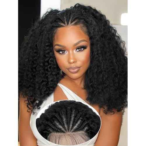 Fancy Hair Braided 13x4 Lace front Wigs with Baby Hair Cornrows with Kinky Curly Hair Wigs for Black Women 18 Inch Pre Plucked HD Lace Frontal Deep Wave Full & Thick Yaki 4C Texture Natural Hairstyle