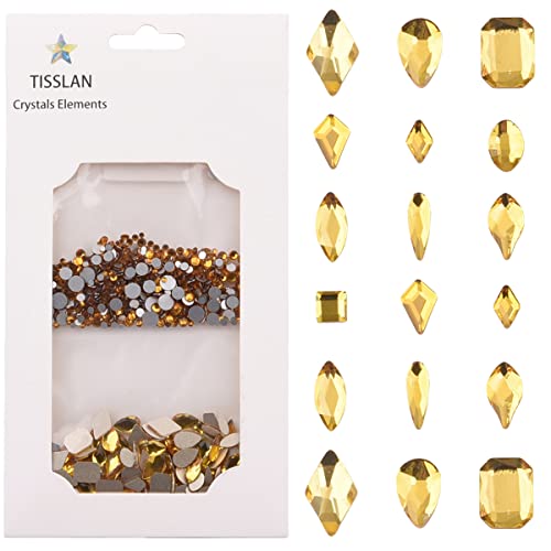 Tisslan 820pcs Golden Yellow Sparkle Nail Gems Flatback Crystals Charms 3D Nail Art Decoration Shape Rhinestone with Loose Round Flatback Diamonds Set for Personal Nails Manicure