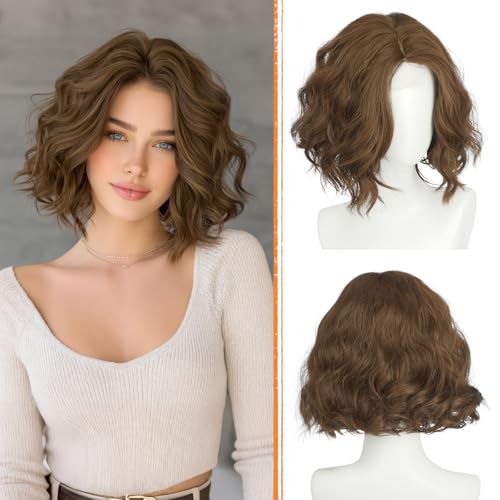 Haloo Brown Bob Wig - Short Soft Wavy Lace Front Synthetic Hair 11 Inch